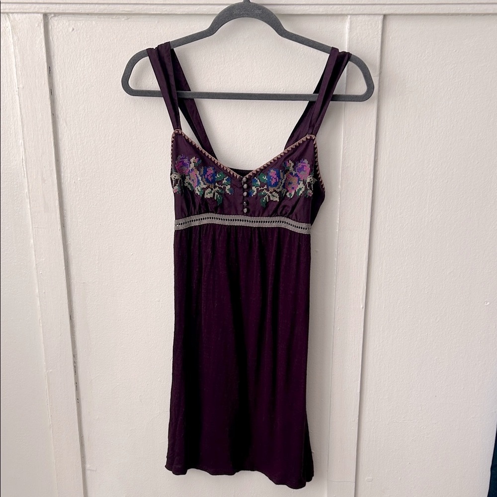 Free People Babydoll Plum Embroidered Needlepoint Camisole Dress XS